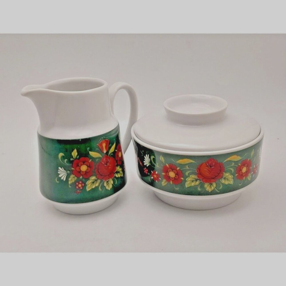Winterling Bavaria Green Red Floral Creamer Sugar Bowl w/ Lid & Serving Bowl - Picture 2 of 9